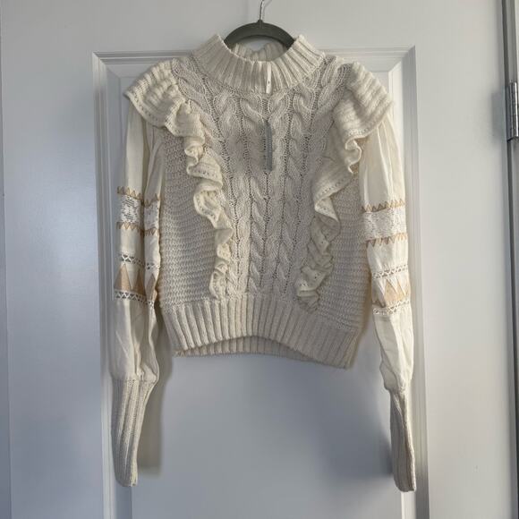 By Anthropologie Mixed Cable Knit Ruffle Sweater Petite - Picture 5 of 9